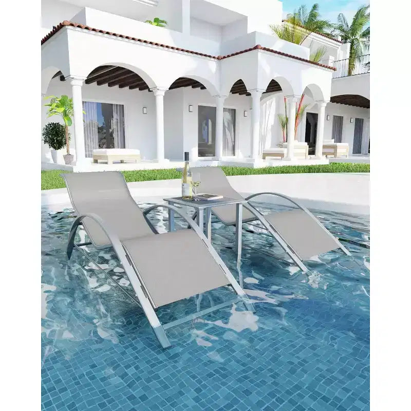 Set di 3 sedie a sdraio da esterno, sdraio da giardino/piscina/spiaggia con braccioli e tavolino laterale, per piscina, cortile