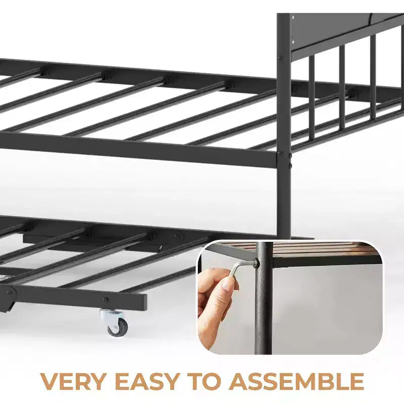 Divano letto con rotelle, Divano letto singolo in metallo, Testiera elegante, Rotelle regolabili in altezza, Per soggiorno/camera da letto/camera degli ospiti, Nero