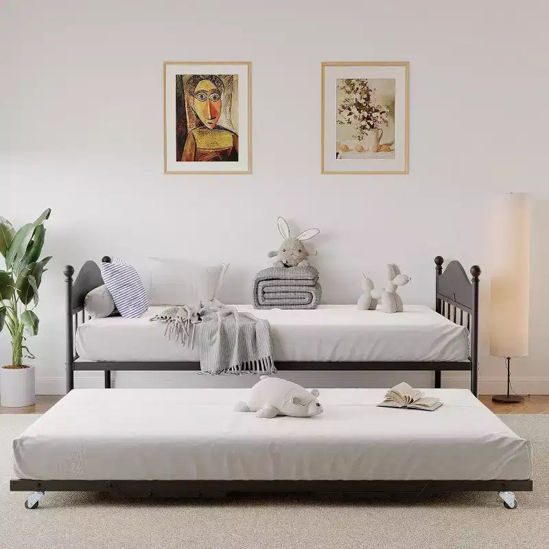 Divano letto con rotelle, Divano letto singolo in metallo, Testiera elegante, Rotelle regolabili in altezza, Per soggiorno/camera da letto/camera degli ospiti, Nero