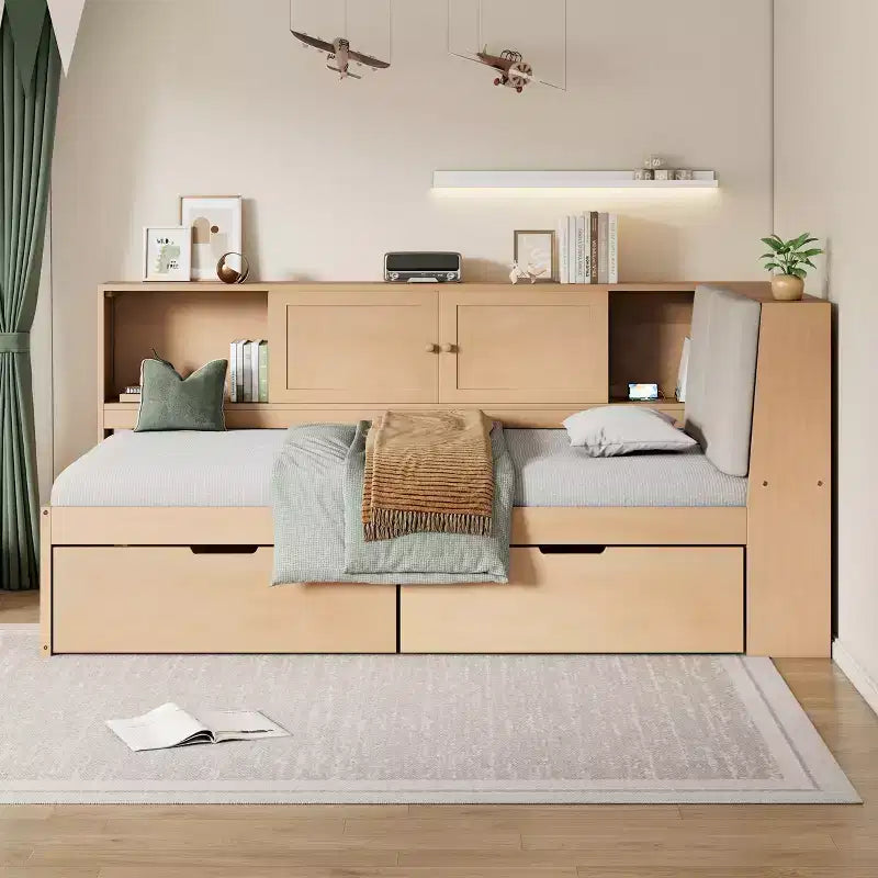 Divano Letto a L Merax in Legno con Testiera Imbottita Contenitore, Porte di Ricarica USB e Libreria Integrata
