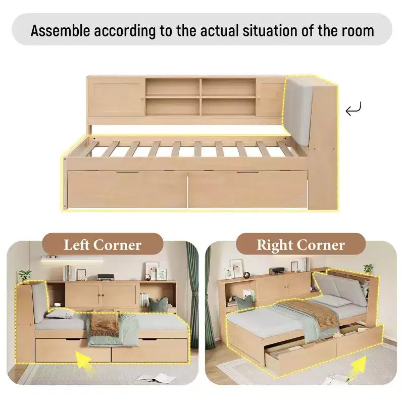 Divano Letto a L Merax in Legno con Testiera Imbottita Contenitore, Porte di Ricarica USB e Libreria Integrata