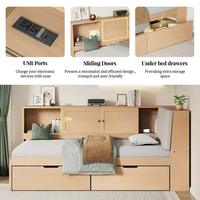 Divano Letto a L Merax in Legno con Testiera Imbottita Contenitore, Porte di Ricarica USB e Libreria Integrata