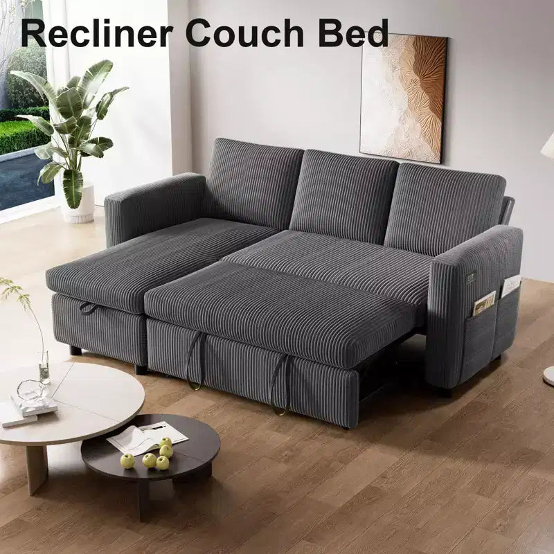 Divano letto Dyonery 81, divano letto componibile a L, divano estraibile con schienale reclinabile, porte USB