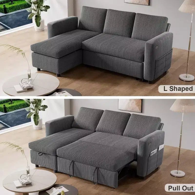 Divano letto Dyonery 81, divano letto componibile a L, divano estraibile con schienale reclinabile, porte USB
