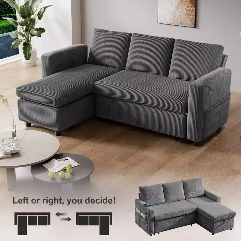 Divano letto Dyonery 81, divano letto componibile a L, divano estraibile con schienale reclinabile, porte USB