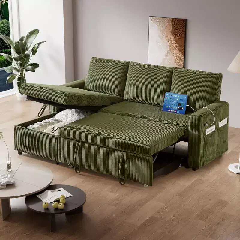 Divano letto Dyonery 81, divano letto componibile a L, divano estraibile con schienale reclinabile, porte USB