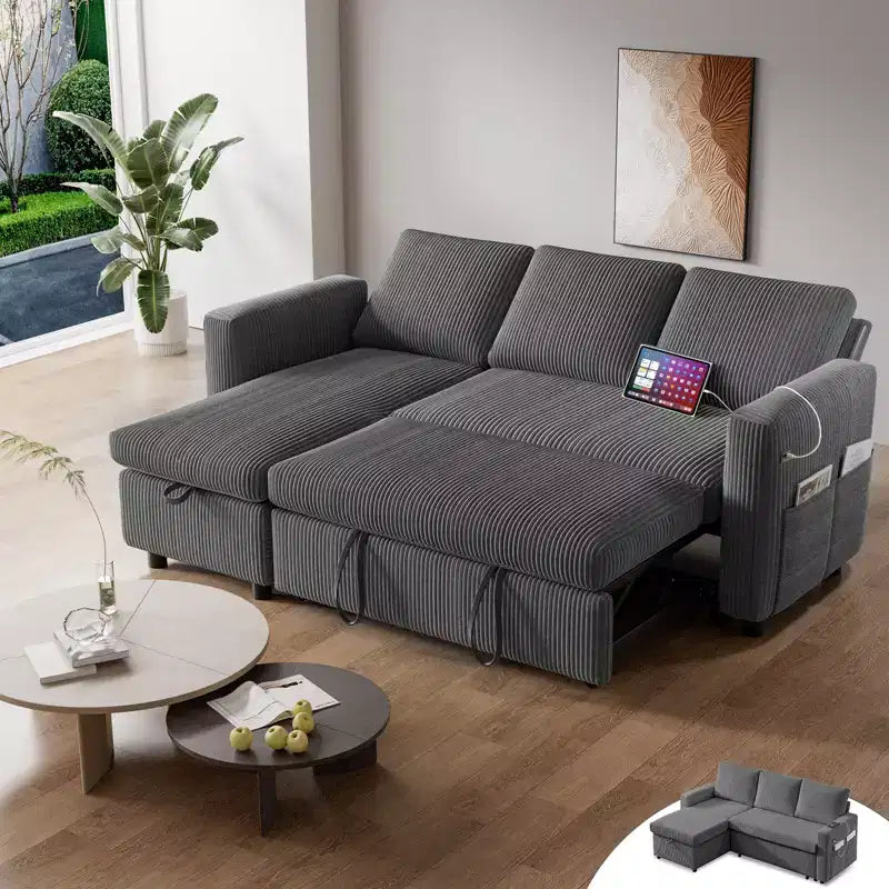 Divano letto Dyonery 81, divano letto componibile a L, divano estraibile con schienale reclinabile, porte USB