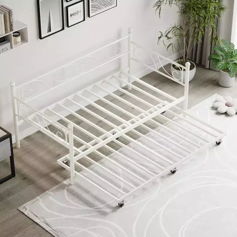 Letto Divano in Metallo per una Piazza con Testiera Floreale, Moderno Telaio Letto Divano in Metallo con Letto Estraibile, Supporto Robusto a Doghe in Acciaio per Soggiorno