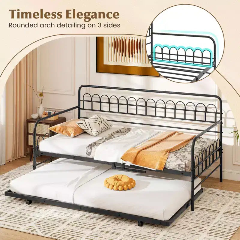 Costway Letto a Giorno Singolo con Letto Estraibile, Schienale e Braccioli Curvi, Doghe in Metallo Resistenti, Nero/Oro