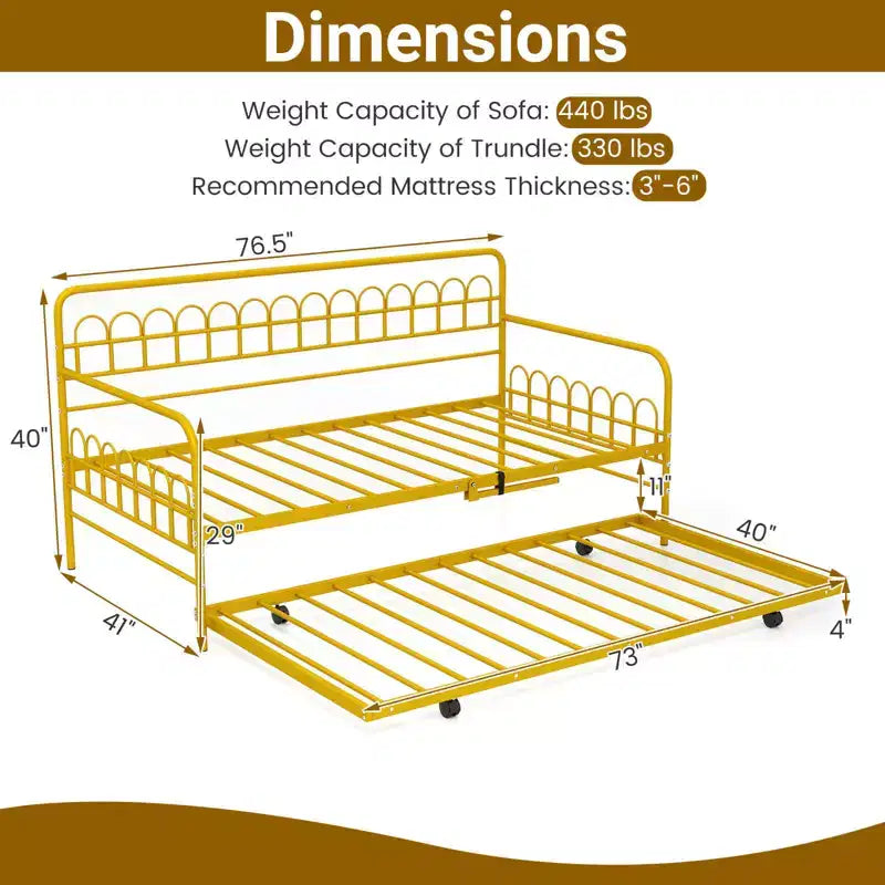 Costway Letto a Giorno Singolo con Letto Estraibile, Schienale e Braccioli Curvi, Doghe in Metallo Resistenti, Nero/Oro