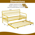 Costway Letto a Giorno Singolo con Letto Estraibile, Schienale e Braccioli Curvi, Doghe in Metallo Resistenti, Nero/Oro
