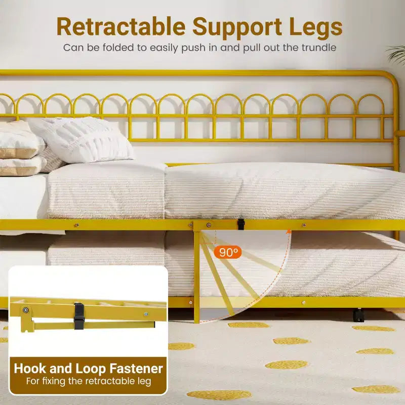 Costway Letto a Giorno Singolo con Letto Estraibile, Schienale e Braccioli Curvi, Doghe in Metallo Resistenti, Nero/Oro