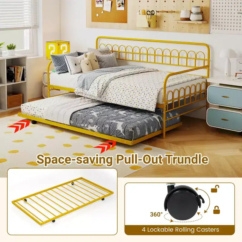 Costway Letto a Giorno Singolo con Letto Estraibile, Schienale e Braccioli Curvi, Doghe in Metallo Resistenti, Nero/Oro