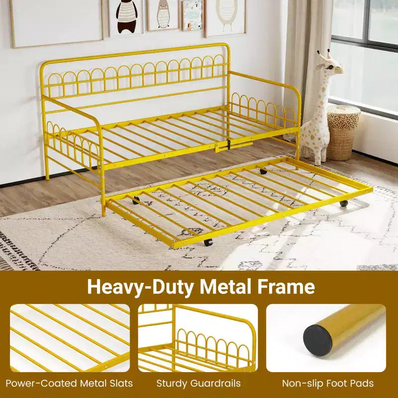 Costway Letto a Giorno Singolo con Letto Estraibile, Schienale e Braccioli Curvi, Doghe in Metallo Resistenti, Nero/Oro