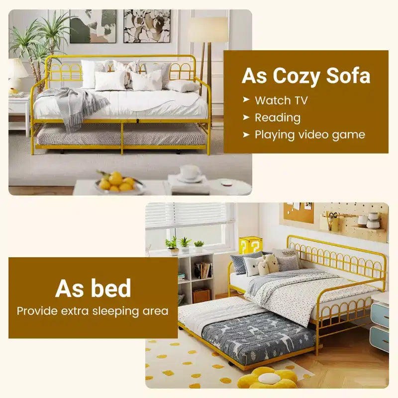 Costway Letto a Giorno Singolo con Letto Estraibile, Schienale e Braccioli Curvi, Doghe in Metallo Resistenti, Nero/Oro