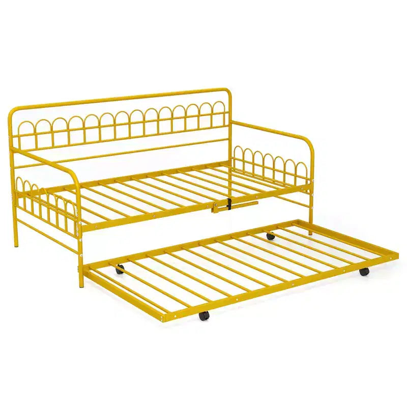 Costway Letto a Giorno Singolo con Letto Estraibile, Schienale e Braccioli Curvi, Doghe in Metallo Resistenti, Nero/Oro