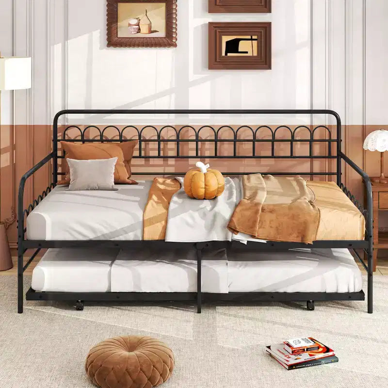 Costway Letto a Giorno Singolo con Letto Estraibile, Schienale e Braccioli Curvi, Doghe in Metallo Resistenti, Nero/Oro