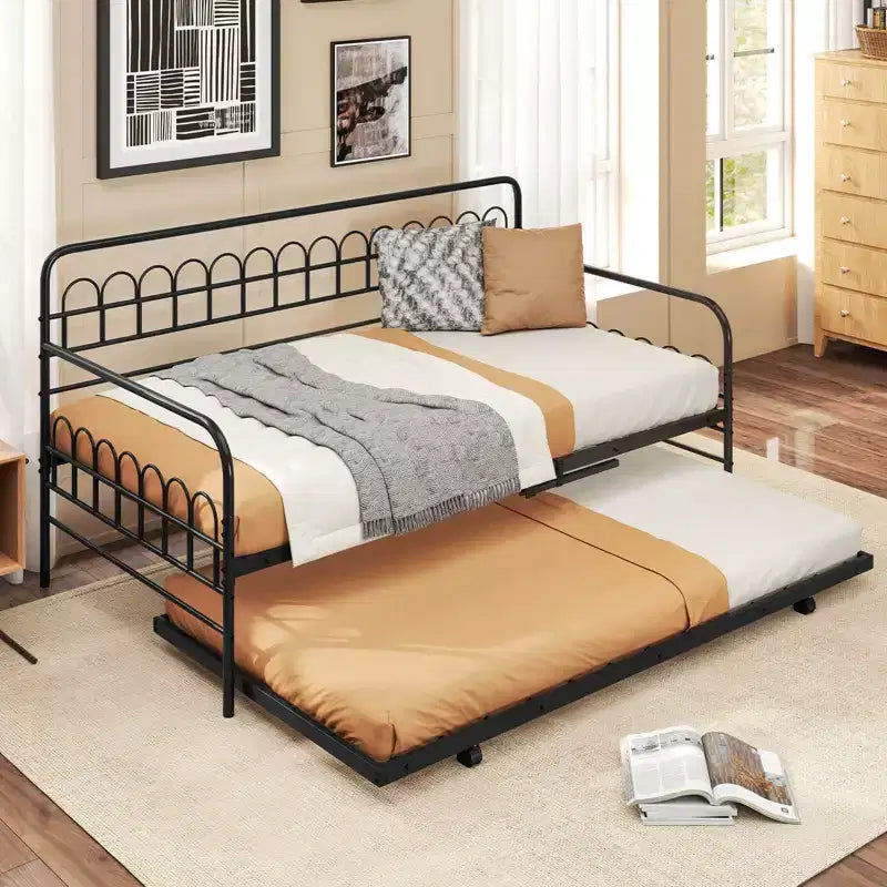 Costway Letto a Giorno Singolo con Letto Estraibile, Schienale e Braccioli Curvi, Doghe in Metallo Resistenti, Nero/Oro