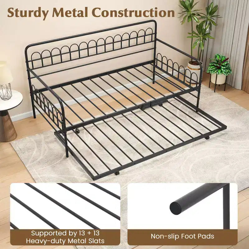 Costway Letto a Giorno Singolo con Letto Estraibile, Schienale e Braccioli Curvi, Doghe in Metallo Resistenti, Nero/Oro