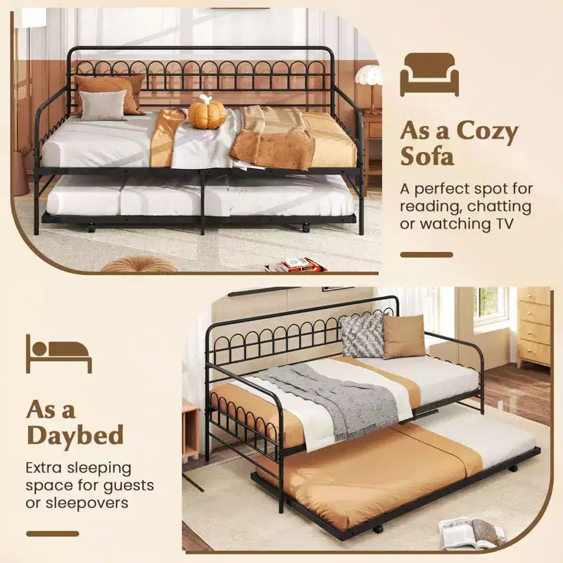 Costway Letto a Giorno Singolo con Letto Estraibile, Schienale e Braccioli Curvi, Doghe in Metallo Resistenti, Nero/Oro