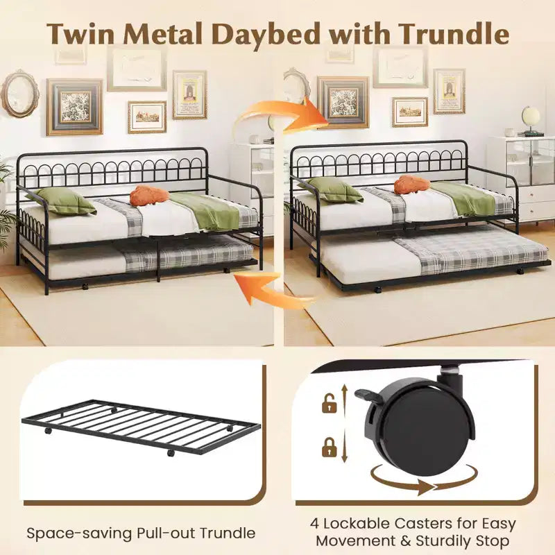 Costway Letto a Giorno Singolo con Letto Estraibile, Schienale e Braccioli Curvi, Doghe in Metallo Resistenti, Nero/Oro