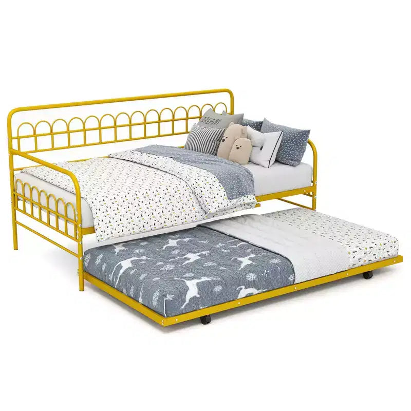 Costway Letto a Giorno Singolo con Letto Estraibile, Schienale e Braccioli Curvi, Doghe in Metallo Resistenti, Nero/Oro