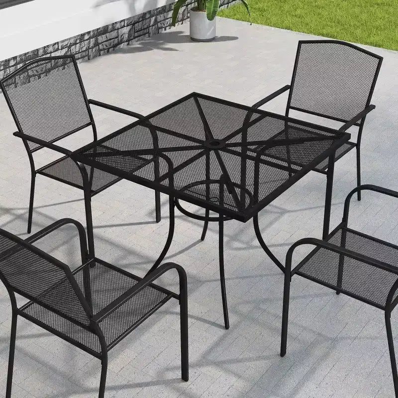 Mondawe Tavoli da pranzo quadrati in acciaio a rete da esterno con foro per ombrellone