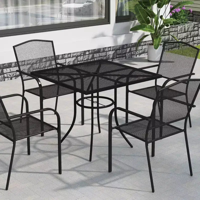 Mondawe Tavoli da pranzo quadrati in acciaio a rete da esterno con foro per ombrellone