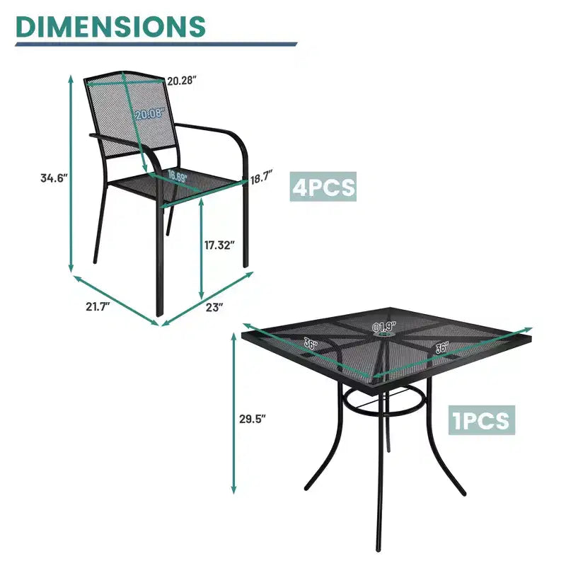 Mondawe Set da pranzo in rete d'acciaio da 5 pezzi con 1 tavolo da pranzo quadrato e 4 sedie da pranzo