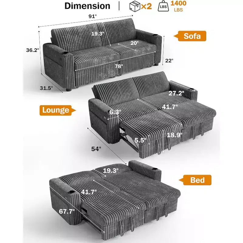 Divano letto angolare Dyonery da 91'' con letto estraibile, schienale reclinabile/due letti estraibili/porte USB/portabicchieri, velluto a coste felpato