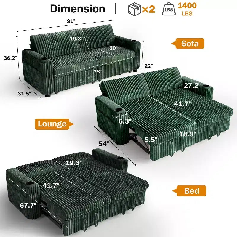 Divano letto angolare Dyonery da 91'' con letto estraibile, schienale reclinabile/due letti estraibili/porte USB/portabicchieri, velluto a coste felpato
