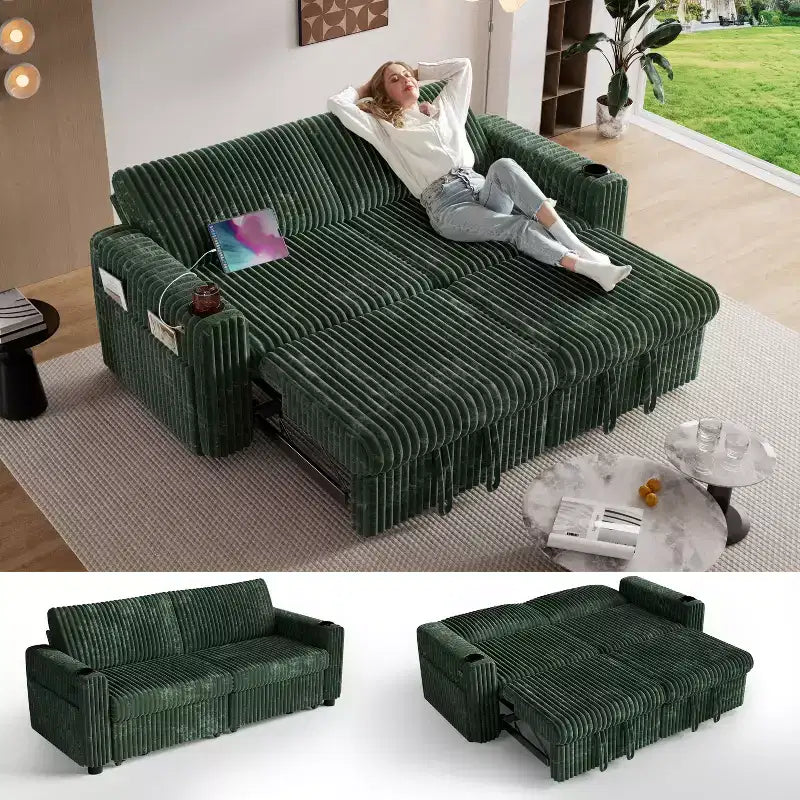 Divano letto angolare Dyonery da 91'' con letto estraibile, schienale reclinabile/due letti estraibili/porte USB/portabicchieri, velluto a coste felpato