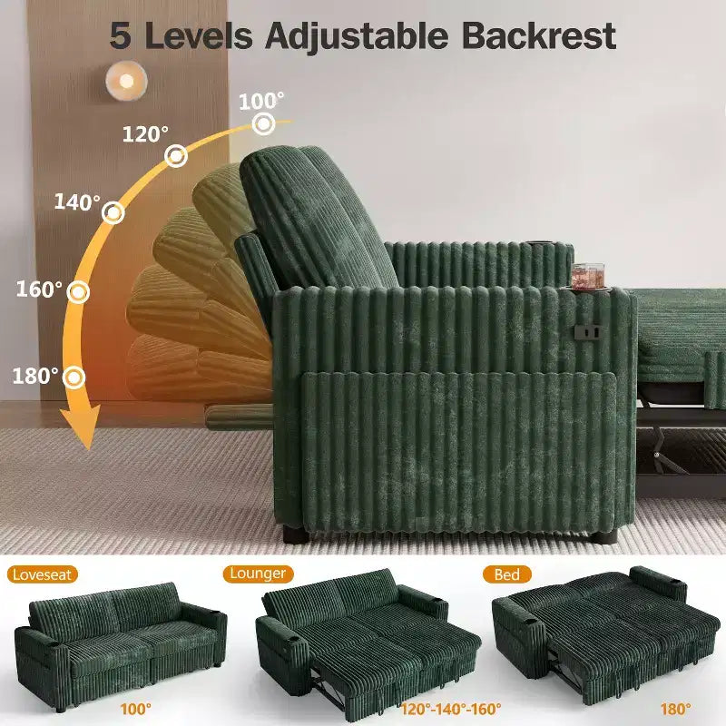 Divano letto angolare Dyonery da 91'' con letto estraibile, schienale reclinabile/due letti estraibili/porte USB/portabicchieri, velluto a coste felpato