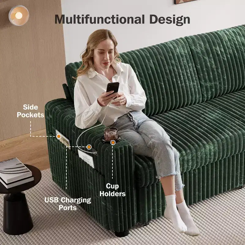 Divano letto angolare Dyonery da 91'' con letto estraibile, schienale reclinabile/due letti estraibili/porte USB/portabicchieri, velluto a coste felpato