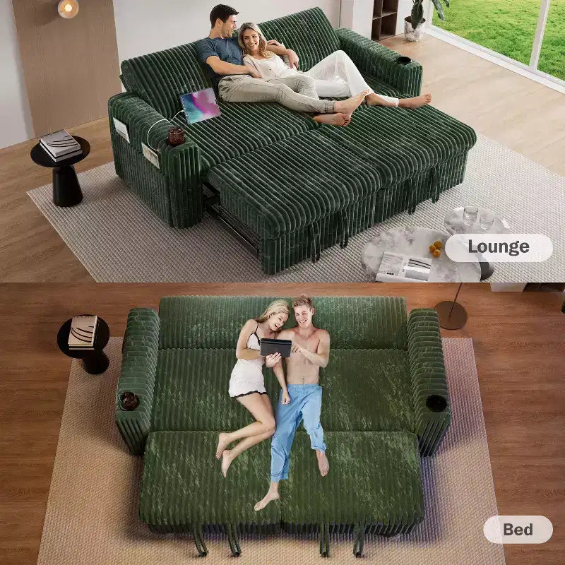 Divano letto angolare Dyonery da 91'' con letto estraibile, schienale reclinabile/due letti estraibili/porte USB/portabicchieri, velluto a coste felpato