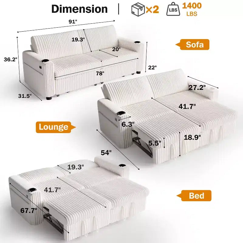 Divano letto angolare Dyonery da 91'' con letto estraibile, schienale reclinabile/due letti estraibili/porte USB/portabicchieri, velluto a coste felpato