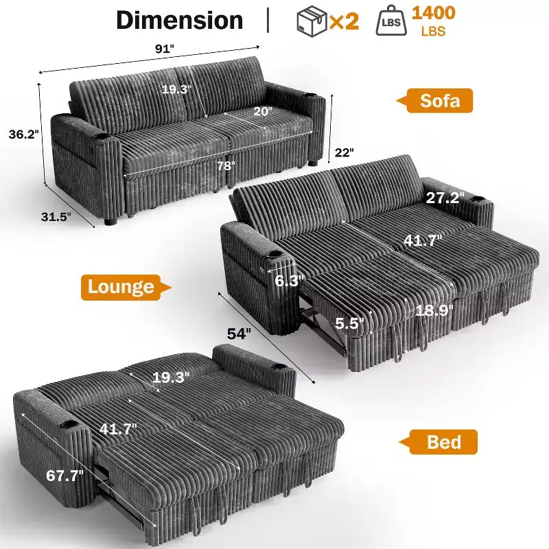 Divano letto angolare Dyonery da 91'' con letto estraibile, schienale reclinabile/due letti estraibili/porte USB/portabicchieri, velluto a coste felpato