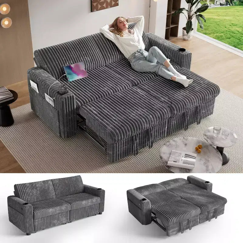 Divano letto angolare Dyonery da 91'' con letto estraibile, schienale reclinabile/due letti estraibili/porte USB/portabicchieri, velluto a coste felpato