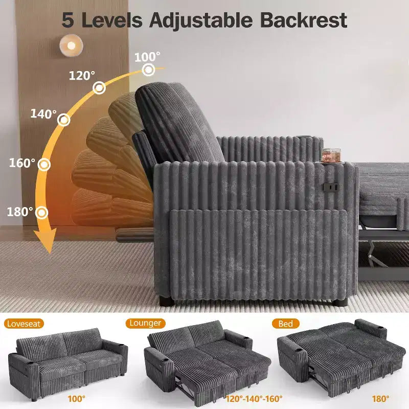 Divano letto angolare Dyonery da 91'' con letto estraibile, schienale reclinabile/due letti estraibili/porte USB/portabicchieri, velluto a coste felpato
