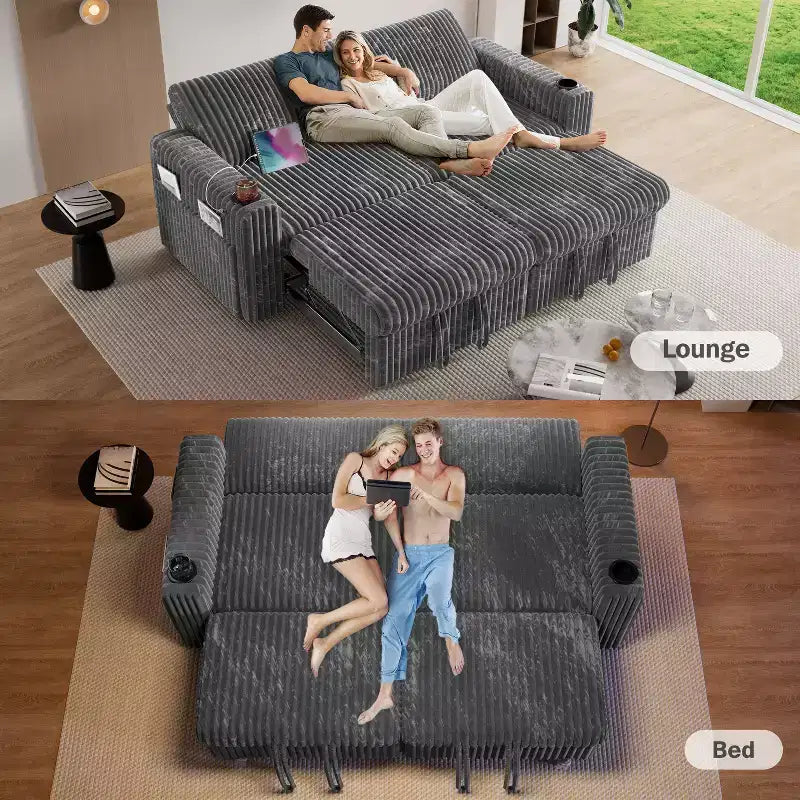 Divano letto angolare Dyonery da 91'' con letto estraibile, schienale reclinabile/due letti estraibili/porte USB/portabicchieri, velluto a coste felpato