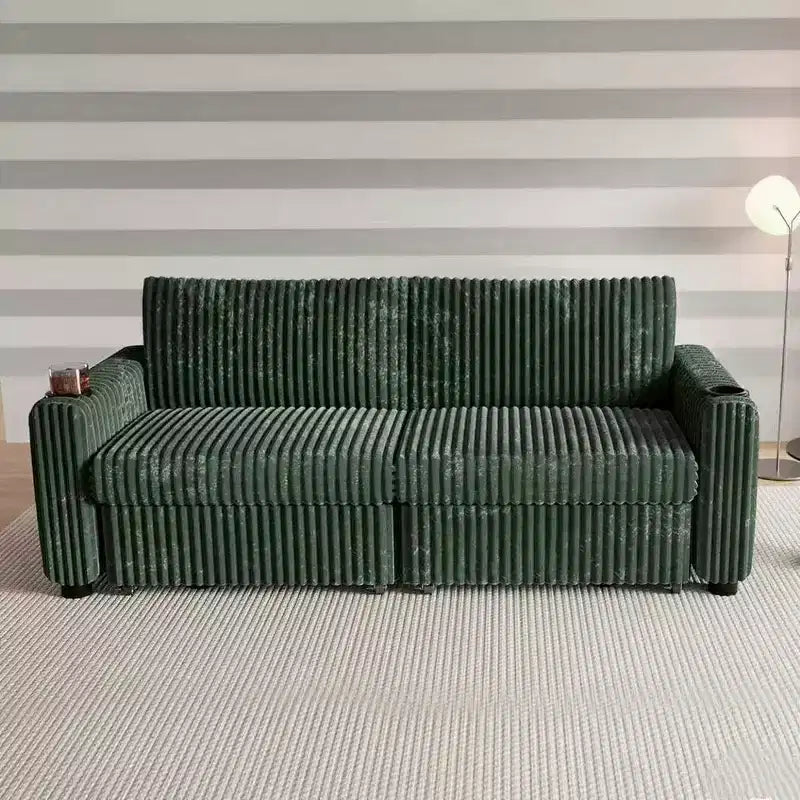 Divano letto angolare Dyonery da 91'' con letto estraibile, schienale reclinabile/due letti estraibili/porte USB/portabicchieri, velluto a coste felpato