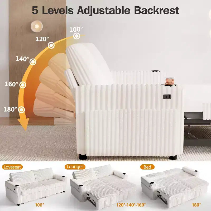Divano letto angolare Dyonery da 91'' con letto estraibile, schienale reclinabile/due letti estraibili/porte USB/portabicchieri, velluto a coste felpato