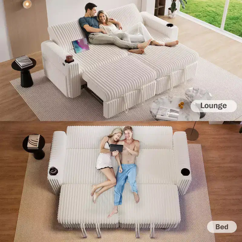 Divano letto angolare Dyonery da 91'' con letto estraibile, schienale reclinabile/due letti estraibili/porte USB/portabicchieri, velluto a coste felpato