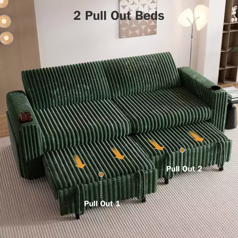 Divano letto angolare Dyonery da 91'' con letto estraibile, schienale reclinabile/due letti estraibili/porte USB/portabicchieri, velluto a coste felpato