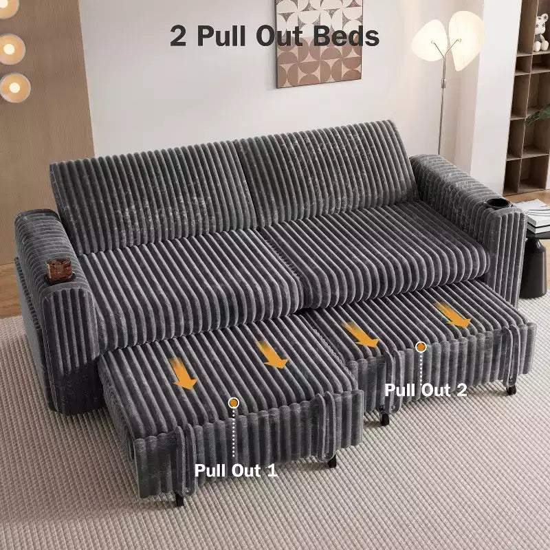 Divano letto angolare Dyonery da 91'' con letto estraibile, schienale reclinabile/due letti estraibili/porte USB/portabicchieri, velluto a coste felpato