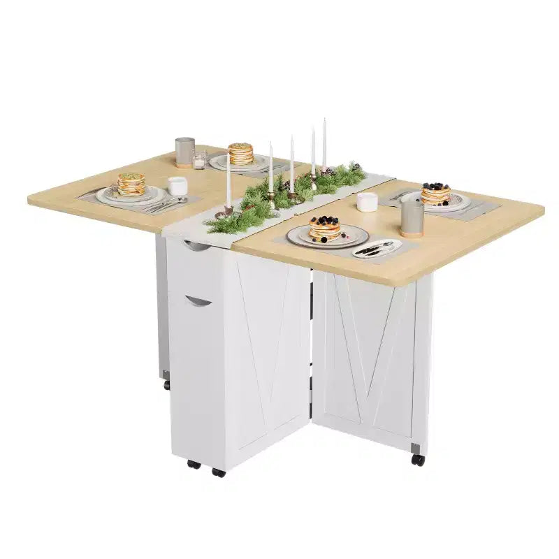 Tavolo da pranzo pieghevole salvaspazio TROPOW con contenitore - Tavolo da cucina con 6 ruote, cassetto e ripiani, tavolo da pranzo compatto per piccoli spazi