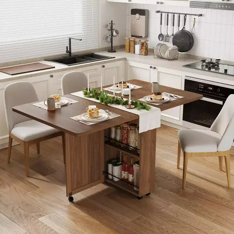 TROPOW Space Saving Folding Dining Table with Storage - Kitchen Table with 6 Wheels, Drawer & Shelves, Compact Dining Table for Small Spaces