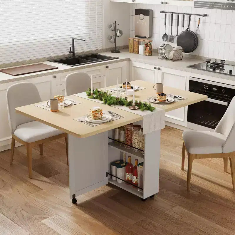 Tavolo da pranzo pieghevole salvaspazio TROPOW con contenitore - Tavolo da cucina con 6 ruote, cassetto e ripiani, tavolo da pranzo compatto per piccoli spazi