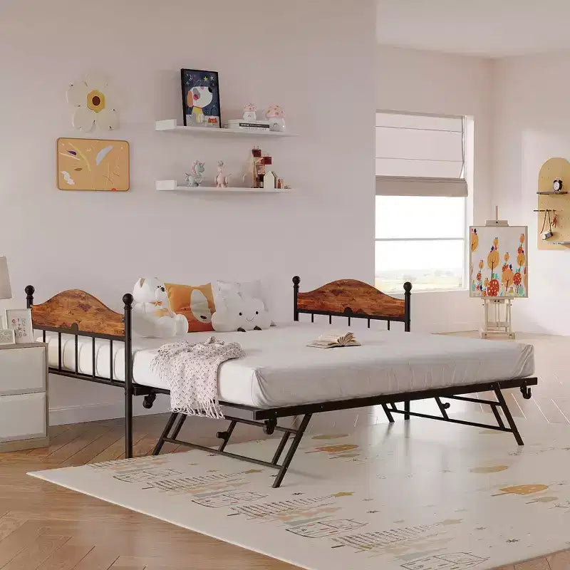 Divano letto con rotelle, divano letto matrimoniale in metallo con elegante testiera, struttura del divano letto con letto a rotelle pieghevole a scomparsa, piattaforma a doghe in acciaio resistente