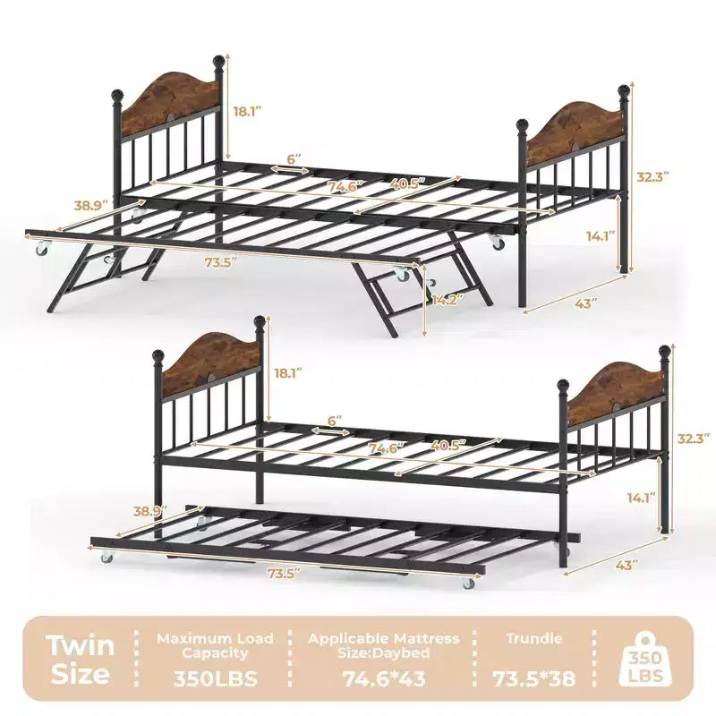 Divano letto con rotelle, divano letto matrimoniale in metallo con elegante testiera, struttura del divano letto con letto a rotelle pieghevole a scomparsa, piattaforma a doghe in acciaio resistente